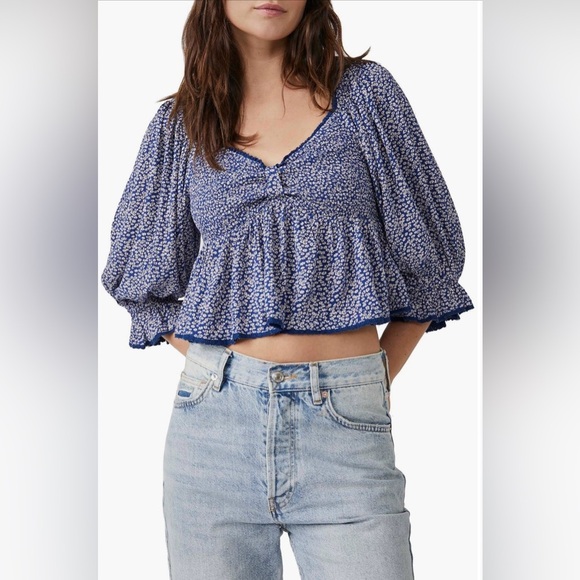 Free People Brittnee Print Smocked Back Peplum Blouse Top NWT BLUE XS - Picture 1 of 10